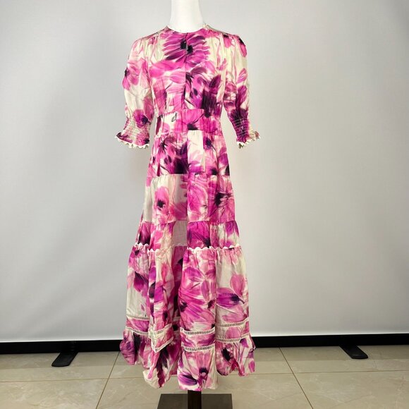 $598 NWOT JOHNNY WAS Jade Silk Blend Floral Ruffles Tiered Midi DRESS Size L - Picture 2 of 12